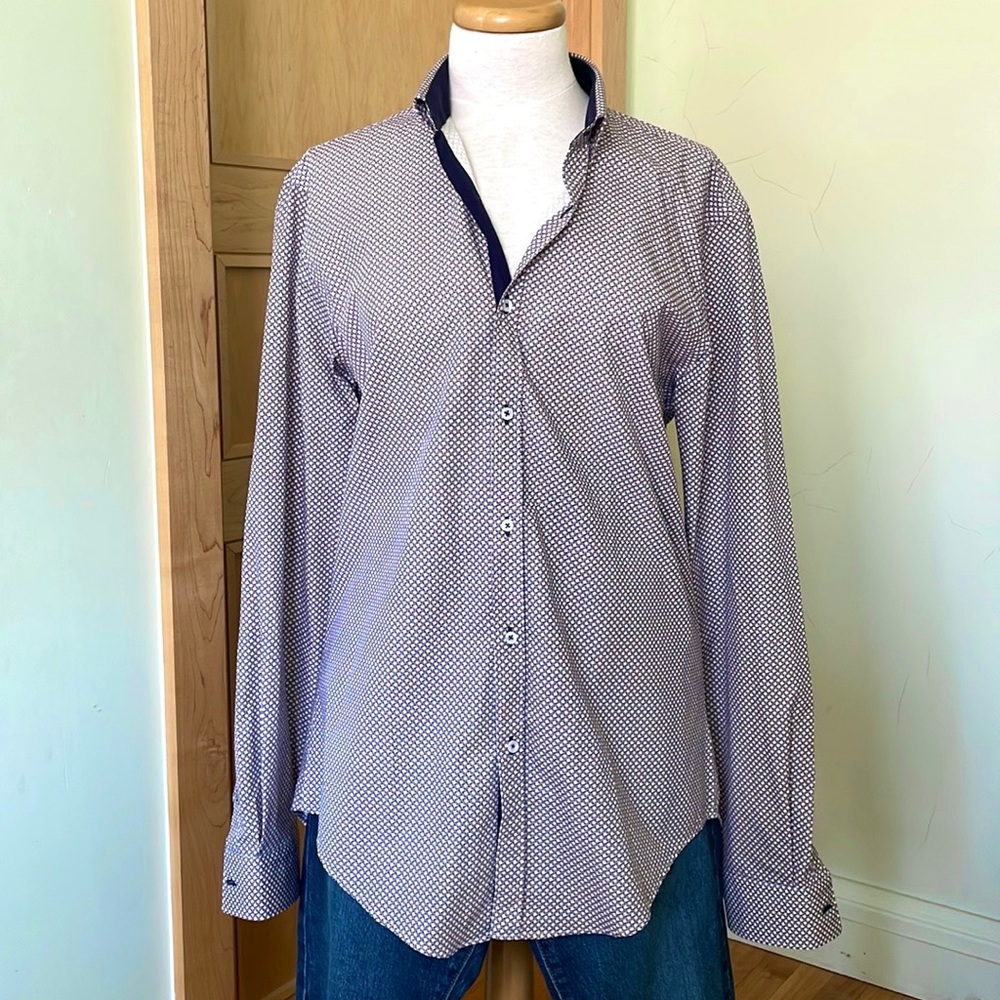 🇵🇹 NWOT Zara Man Slim Fit Navy Blue With Red Long-Sleeved Dress Shirt, Size XL